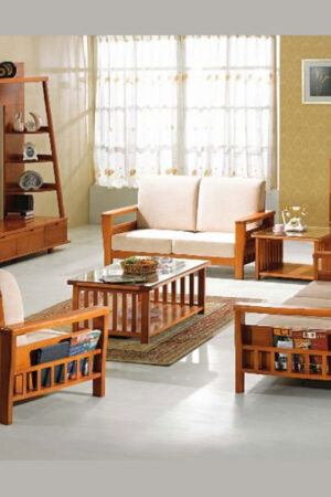 Light Brown Sofa Set with Glass-Top Tables and Wooden Cabinet