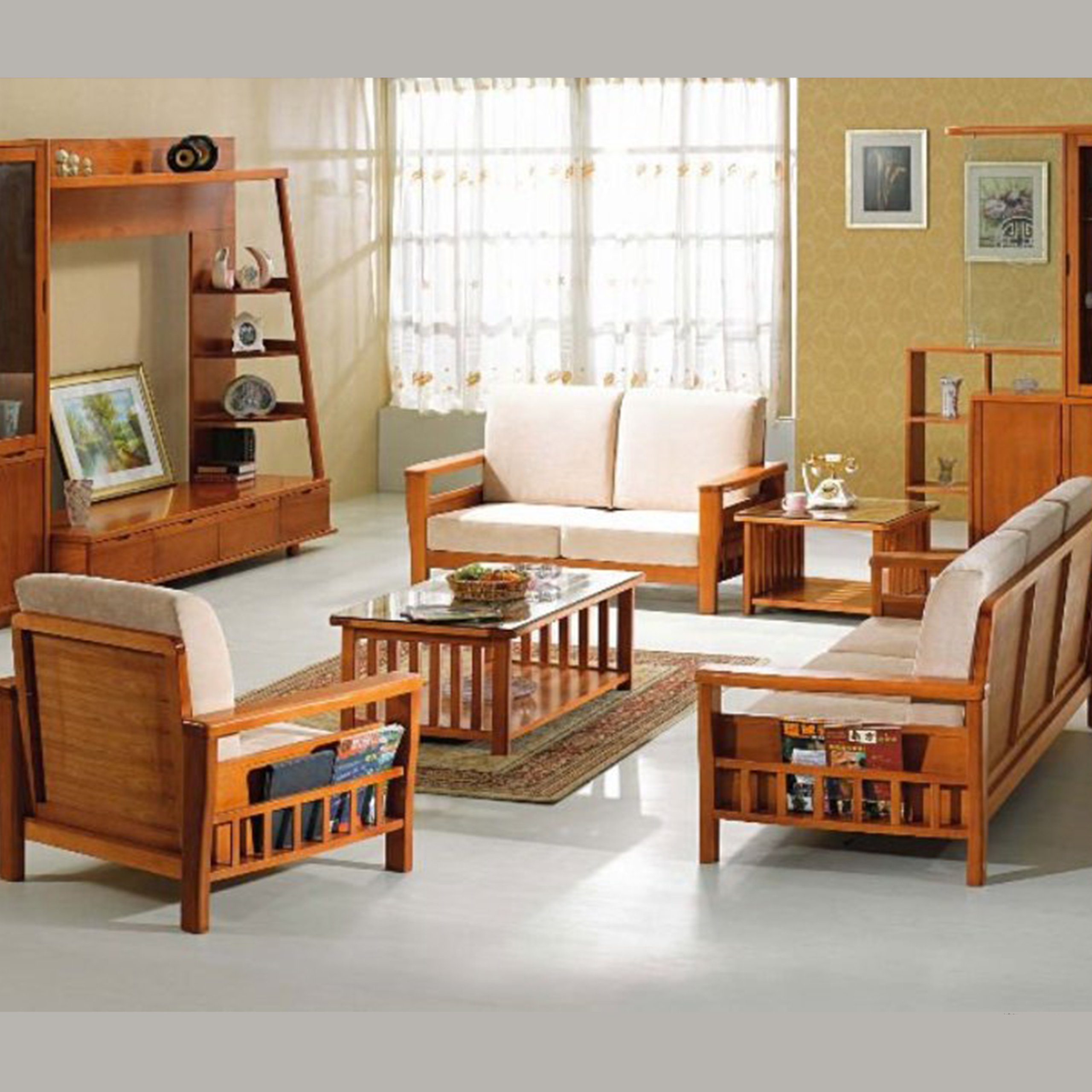 Light Brown Sofa Set with Glass-Top Tables and Wooden Cabinet